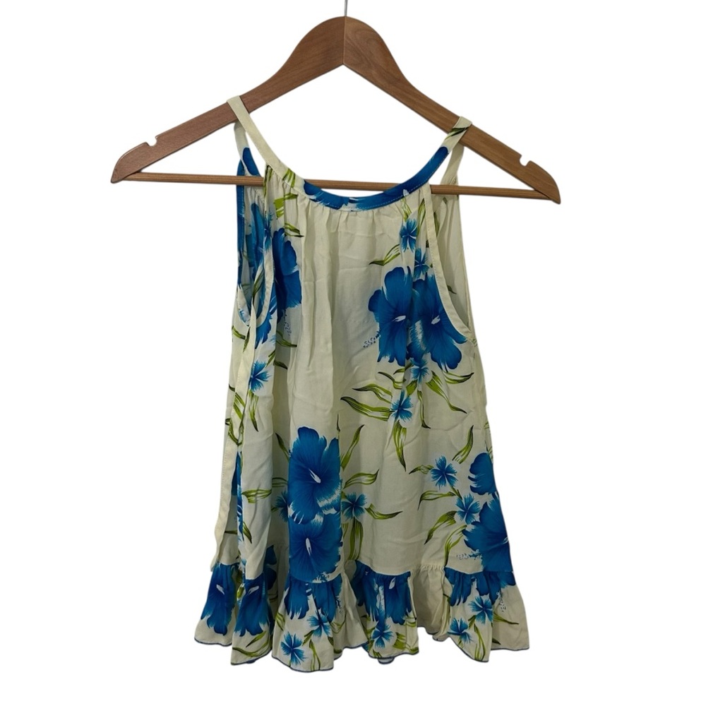 Aloha Fashion Girls Floral Sundress Cream Blue Hibiscus Hawaiian Dress Size 6